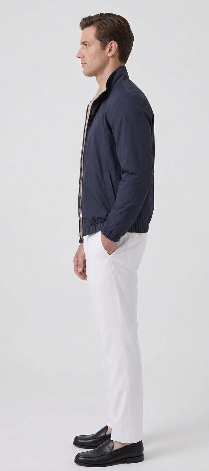 Blouson bleu marine, vue de profil